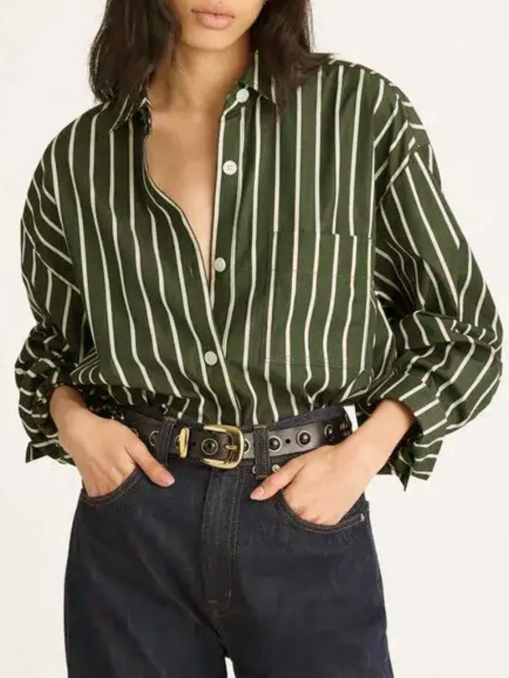 New BR 100% Cotton Cropped Striped Shirt Olive White Large